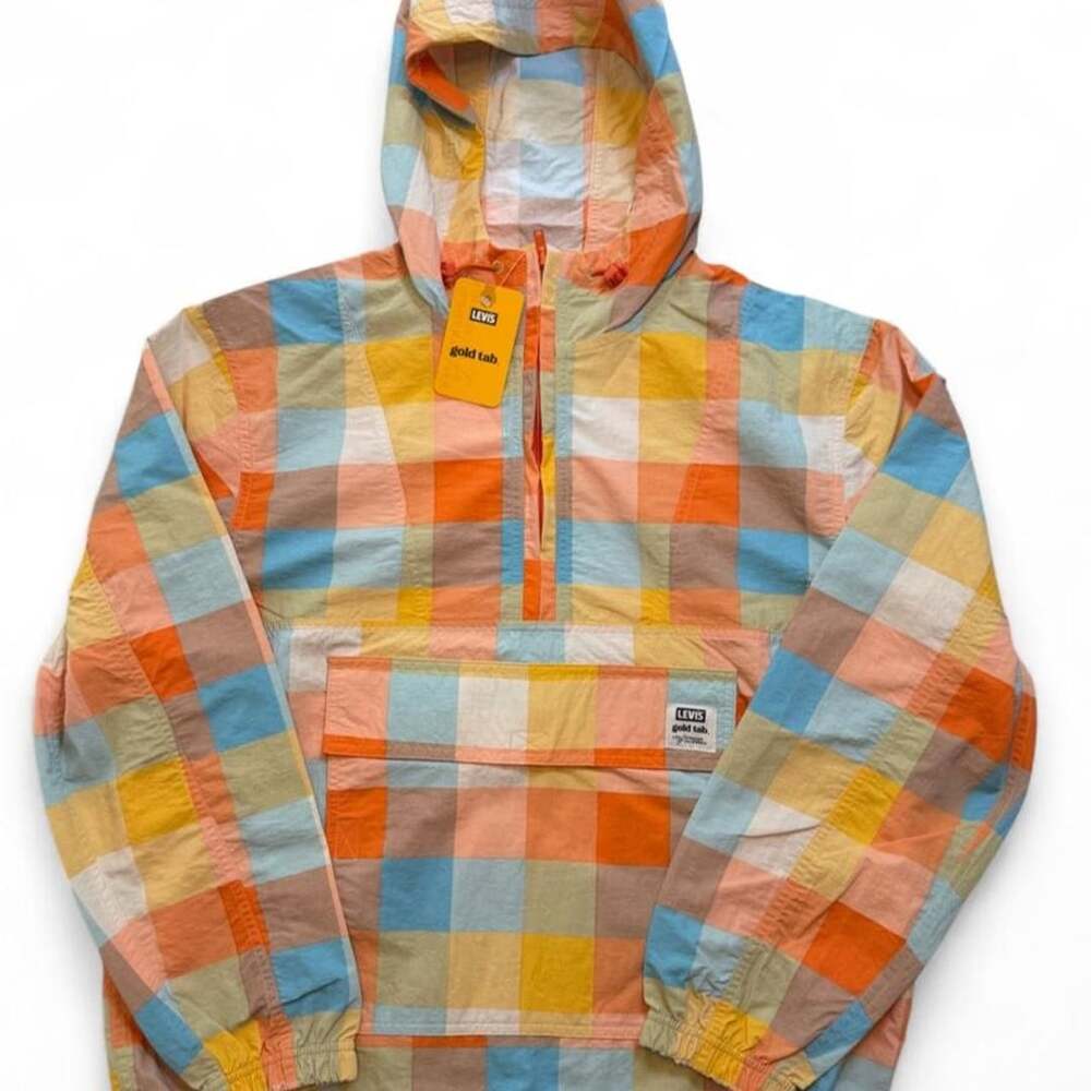 Levi’s Gold tag Colorful Checkered half zip Windbreaker Jacket size small, dimen